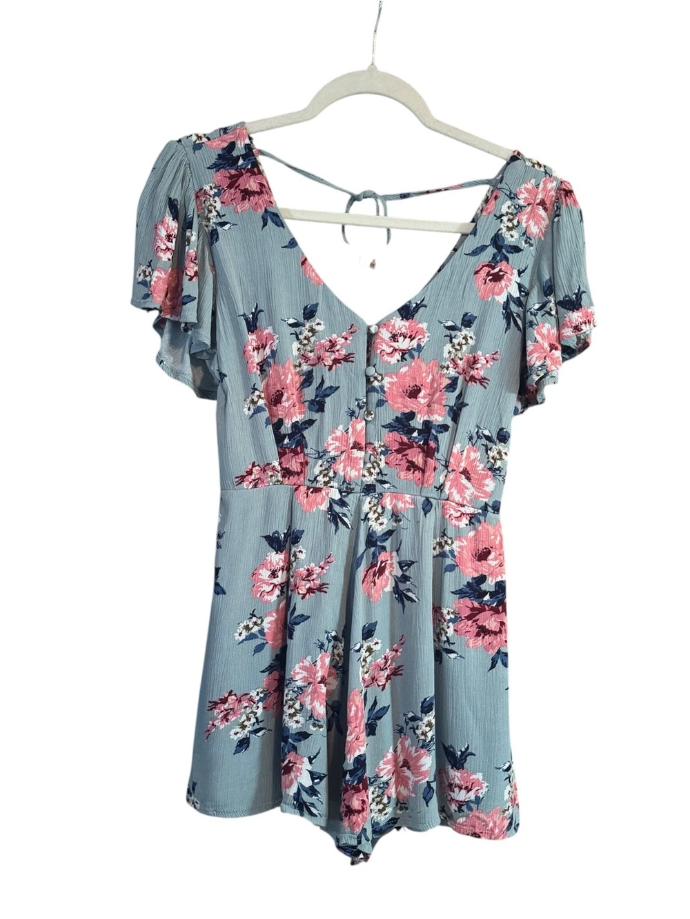 Three Hearts Blue Floral Short Sleeve V-Neck Romper